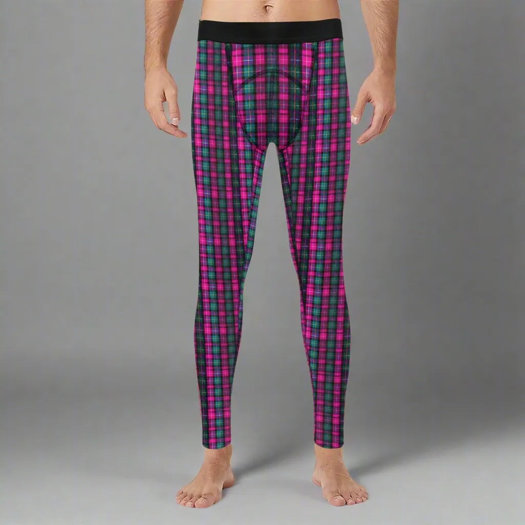 Pink Plaid Print Meggings, Best Designer Pink Plaid Men's Compression Tights For Men (Size: S-2XL)