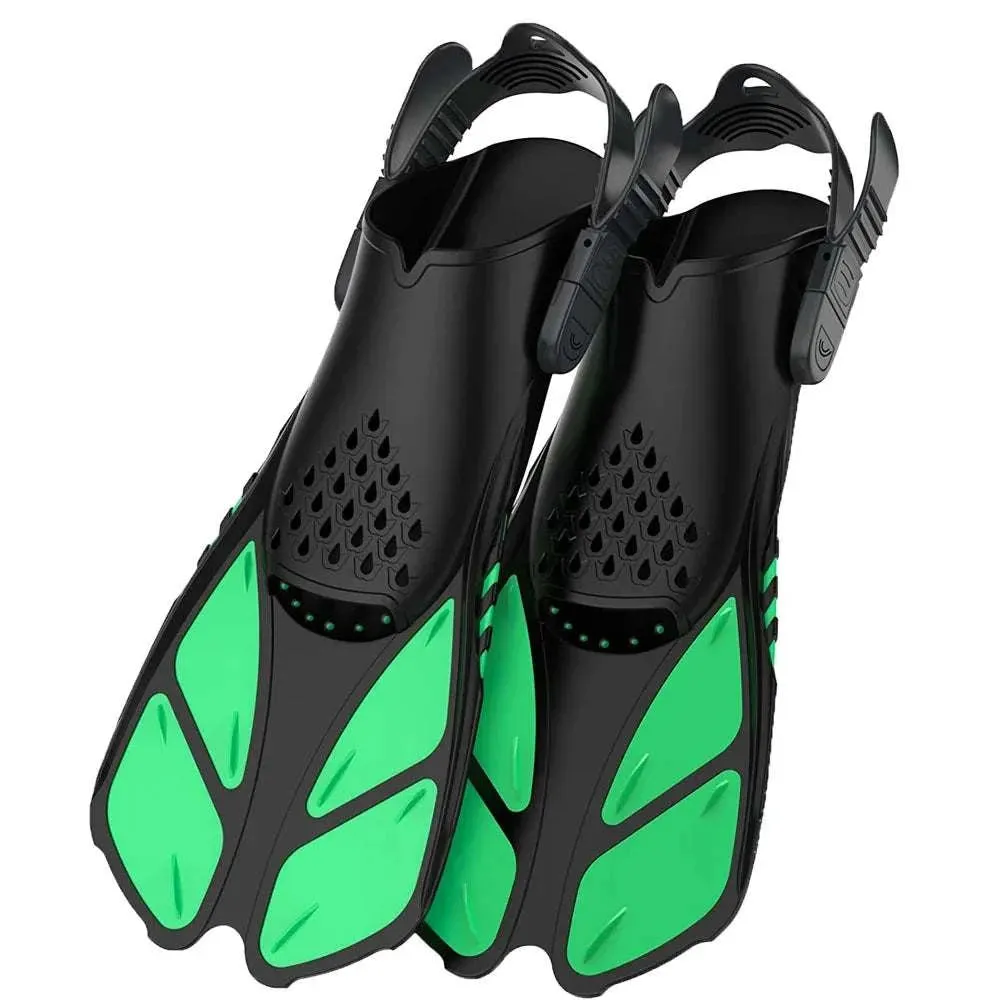 Snorkel Fins Adjustable Buckles Swimming Flippers Short Silicone Scuba Diving Shoes Open Heel Travel Size Adult Men Womens