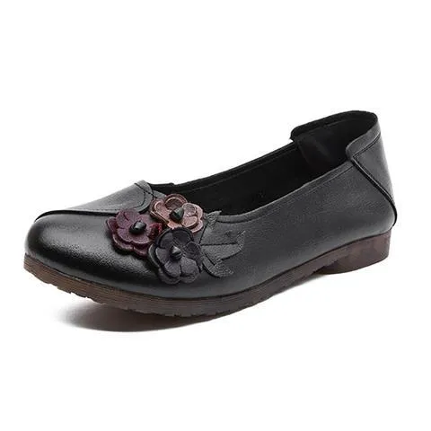 Three Flower Retro Black Flats For Women Genuine Leather Flat Shoes