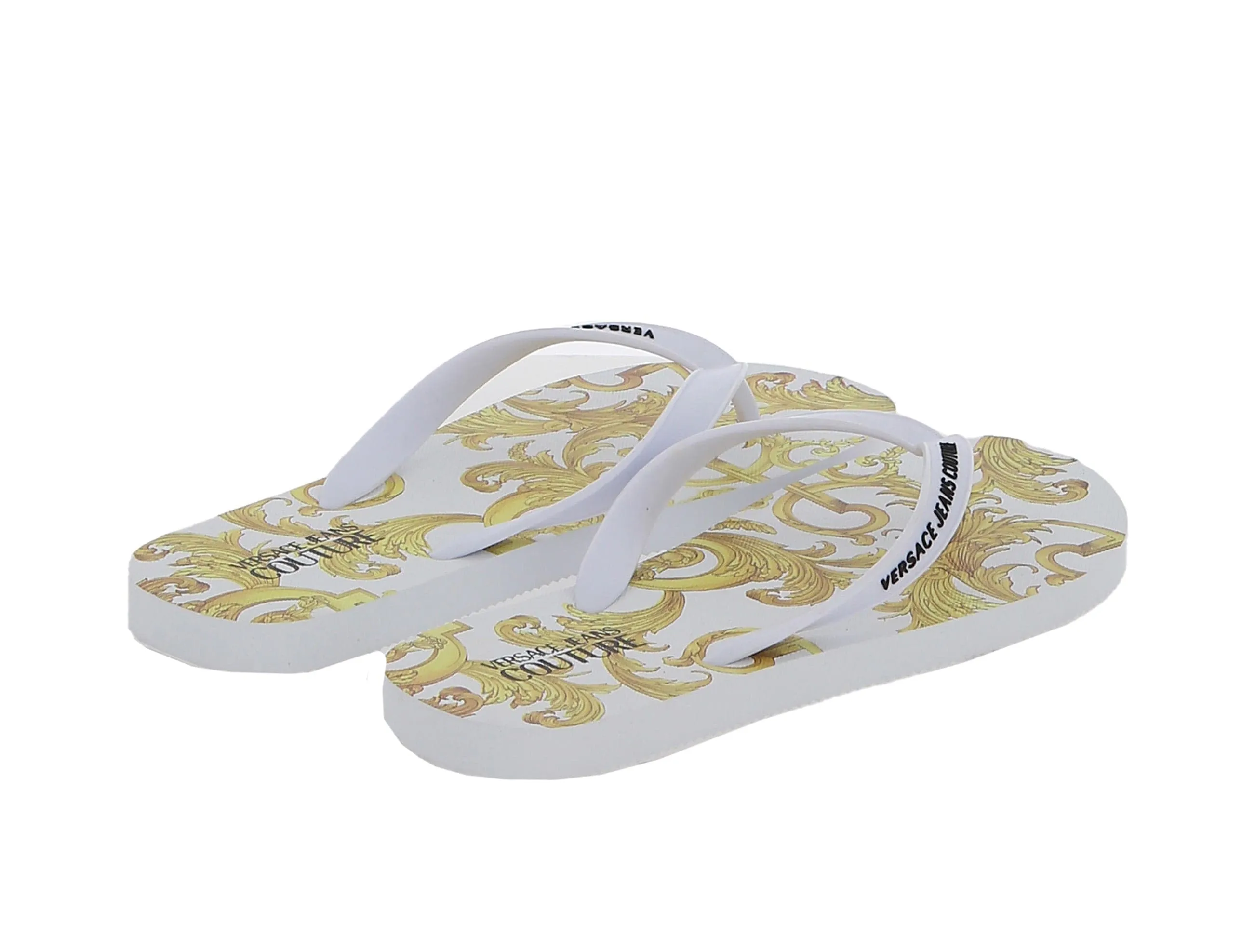 Versace Jeans Couture White/Gold Baroque Print Flip Flop Slide
