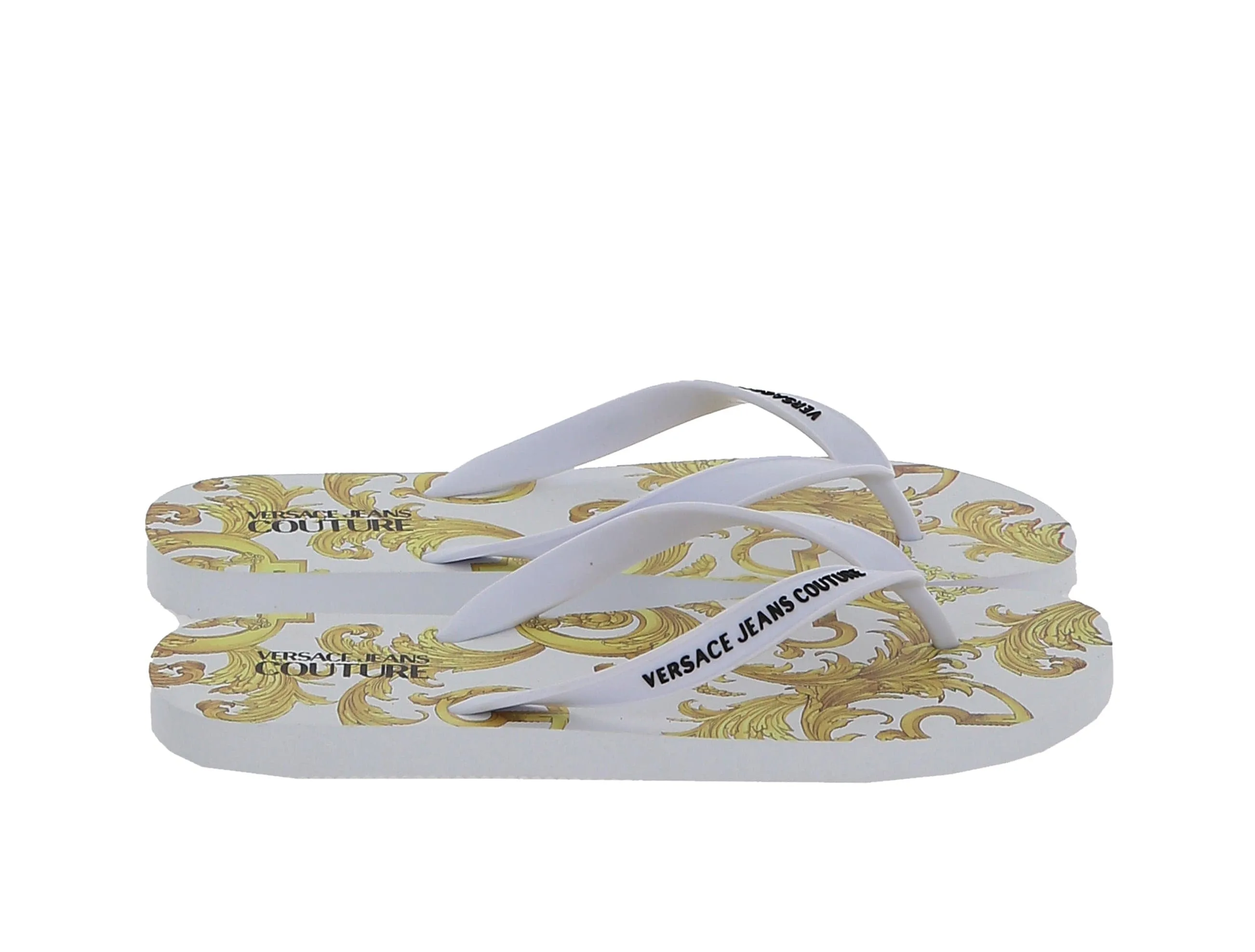 Versace Jeans Couture White/Gold Baroque Print Flip Flop Slide