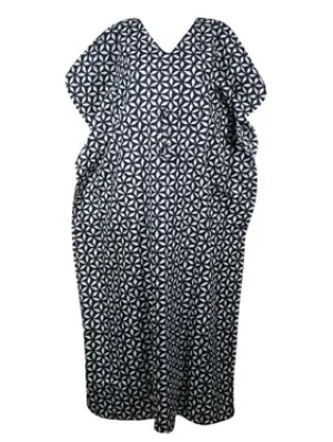 Womens Kaftan Maxi Dress Black White Floral Beach Swim Coverup Caftan, XL