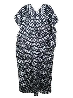 Womens Kaftan Maxi Dress Black White Floral Beach Swim Coverup Caftan, XL