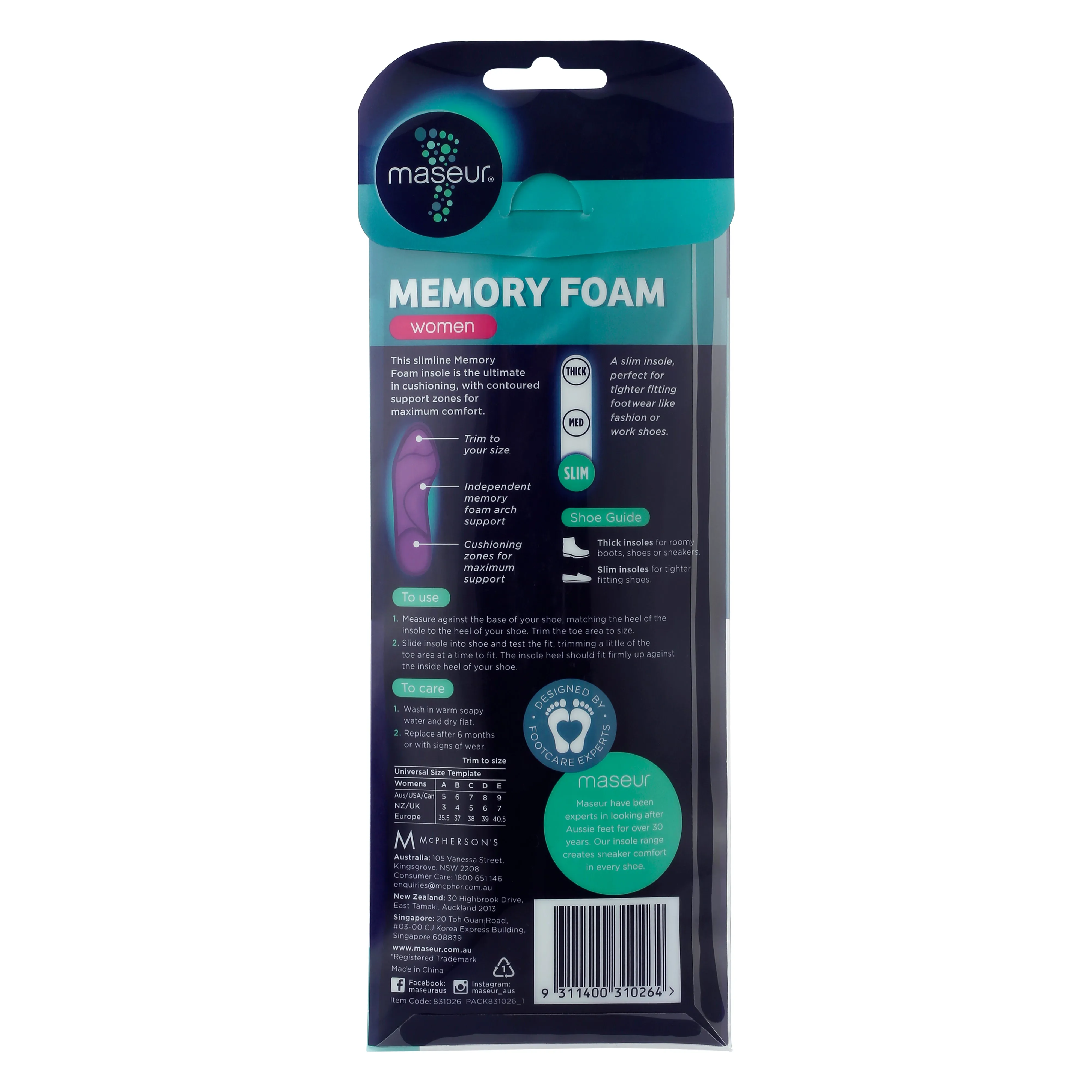 Women's Memory Foam Insoles, 1 pair